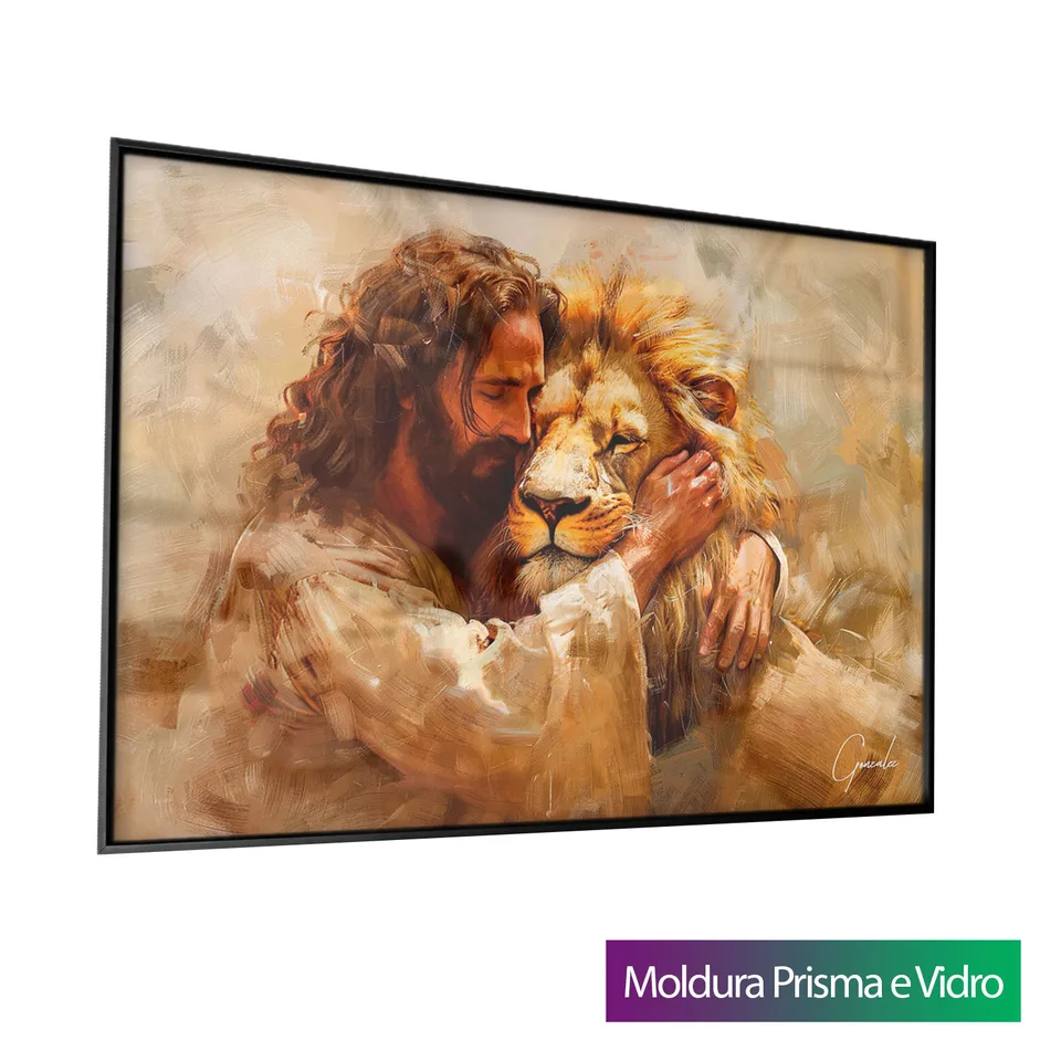 Quadro Jesus e Leão - Abraço Divino com moldura Prisma e vidro
