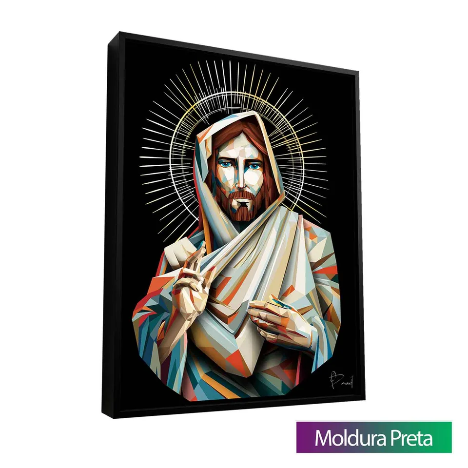 Quadro Jesus Geométrico com moldura de filete preta