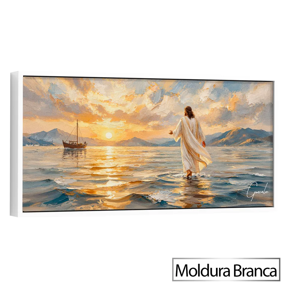 Quadro Jesus no Caminho das Águas com moldura de filete branca