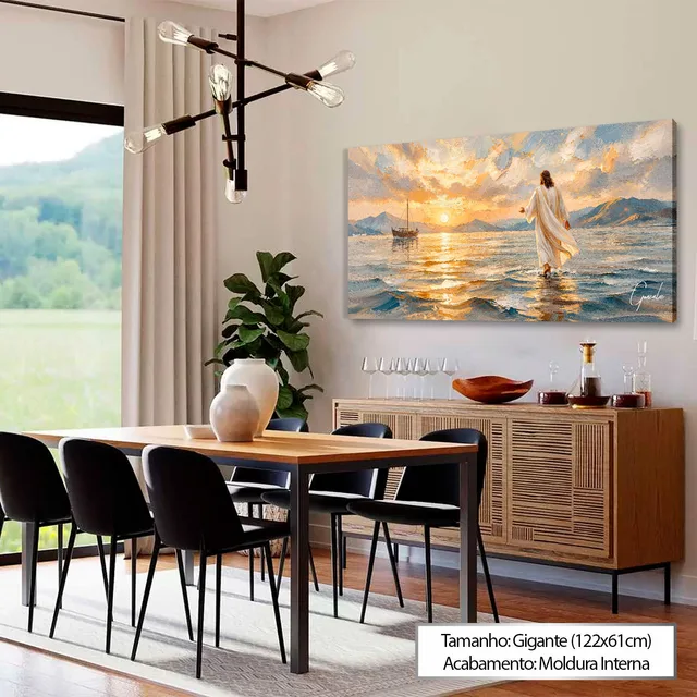 Quadro Jesus no Caminho das Águas acima do aparador na sala de jantar