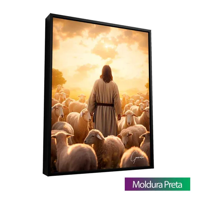 Quadro Jesus Pastor de Ovelhas com moldura de filete preta
