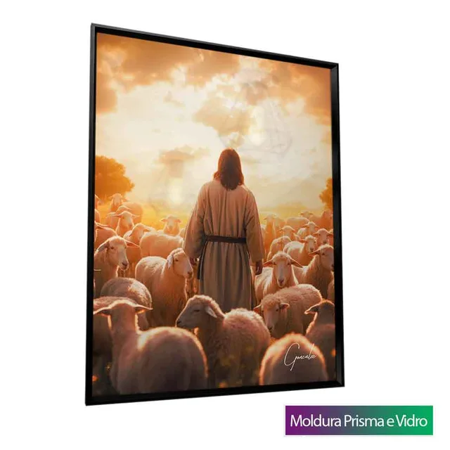 Quadro Jesus Pastor de Ovelhas com moldura Prisma e vidro