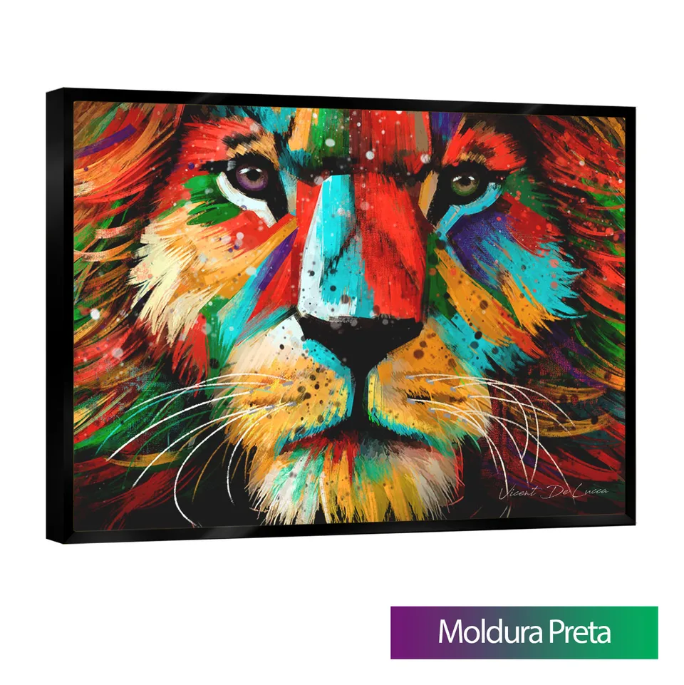 Quadro Leão Colorido com moldura de filete preta