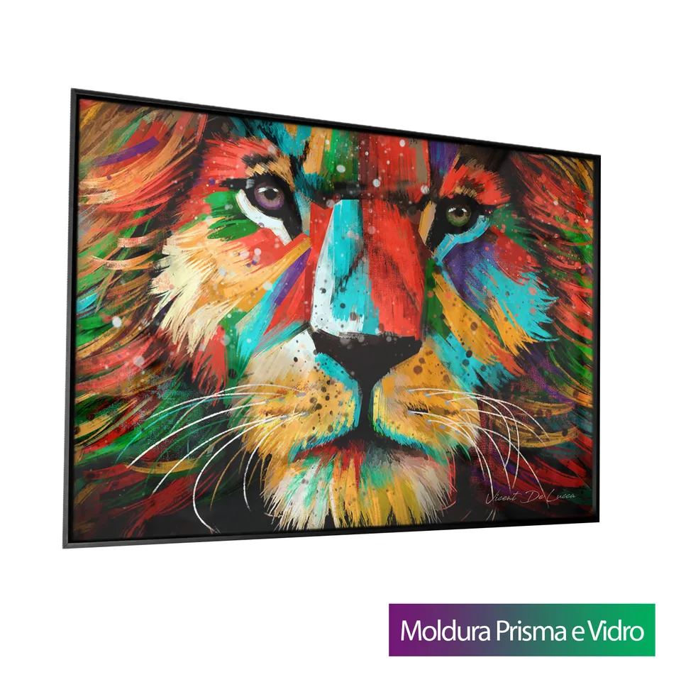 Quadro Leão Colorido com moldura Prisma e vidro