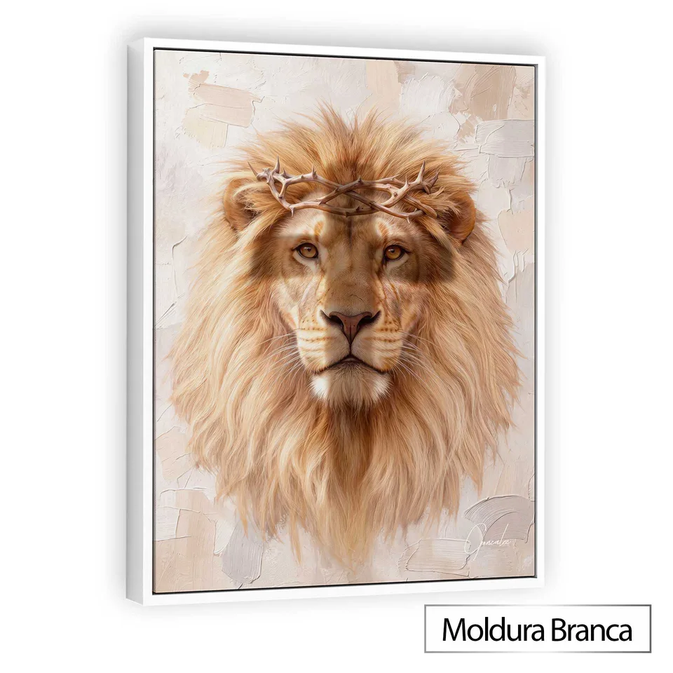 Quadro Leão de Judá - Coleção Cream Art com moldura de filete branca