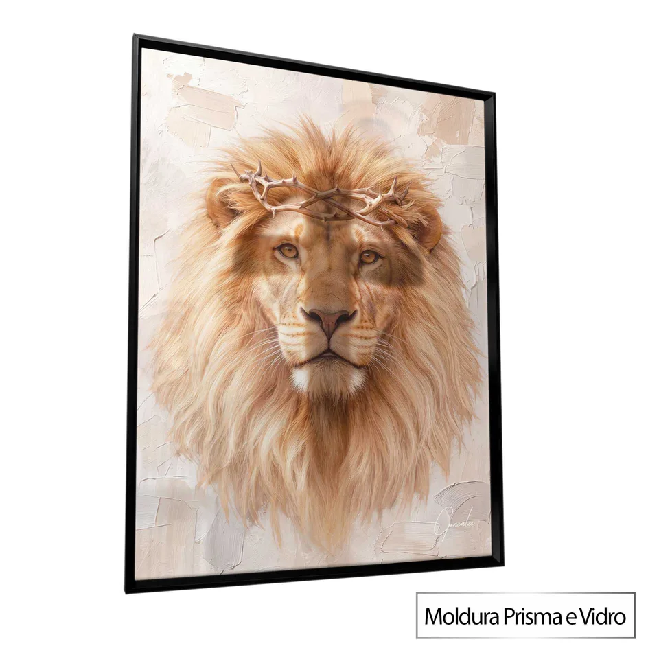 Quadro Leão de Judá - Coleção Cream Art com moldura Prisma e vidro
