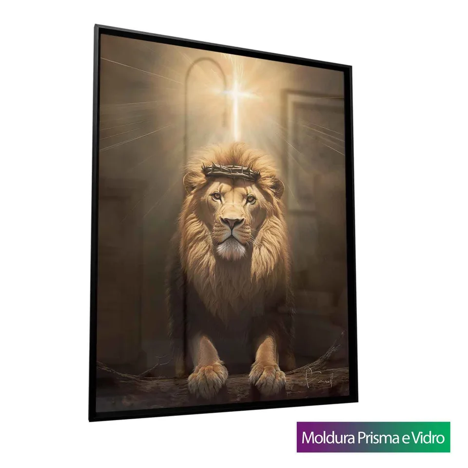 Quadro Leão de Judá e a Luz Divina com moldura Prisma e vidro