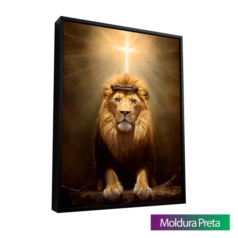 Quadro Leão de Judá e a Luz Divina com moldura de filete preta