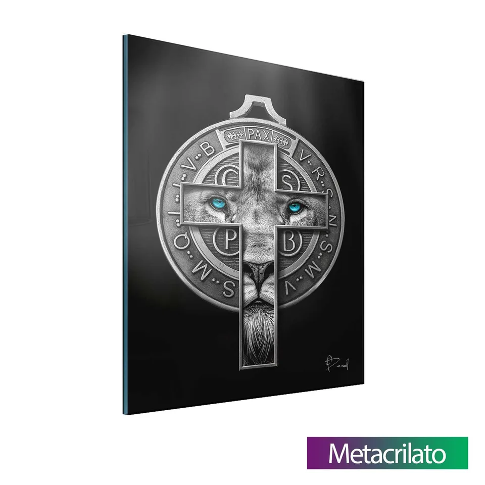 Quadro Leão de Judá e a Medalha de São Bento com acabamento em metacrilato