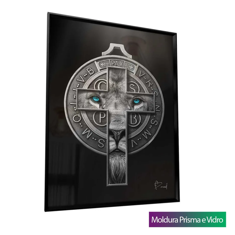 Quadro Leão de Judá e a Medalha de São Bento com moldura Prisma e vidro