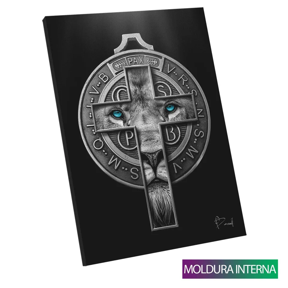 Quadro Leão de Judá e a Medalha de São Bento com moldura interna