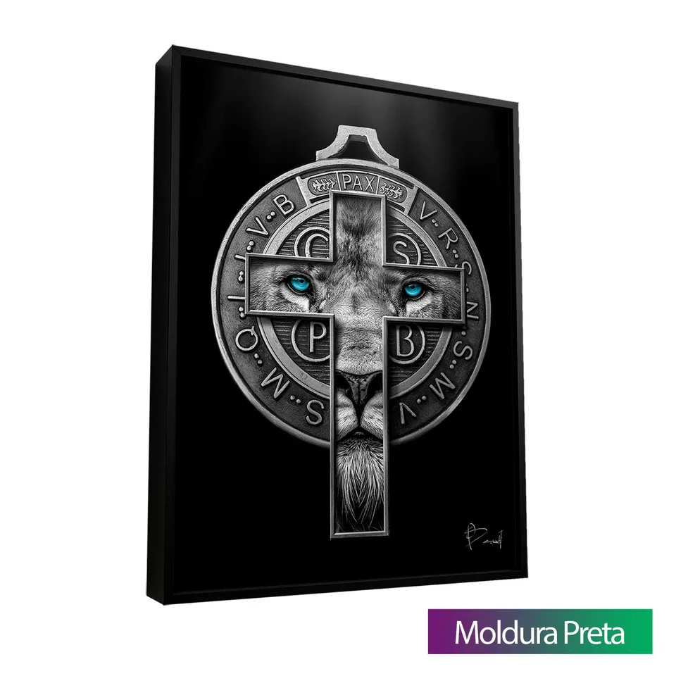 Quadro Leão de Judá e a Medalha de São Bento com moldura de filete preta