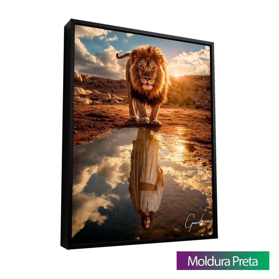 Quadro Leão de Judah e o Reflexo Divino com moldura de filete preta