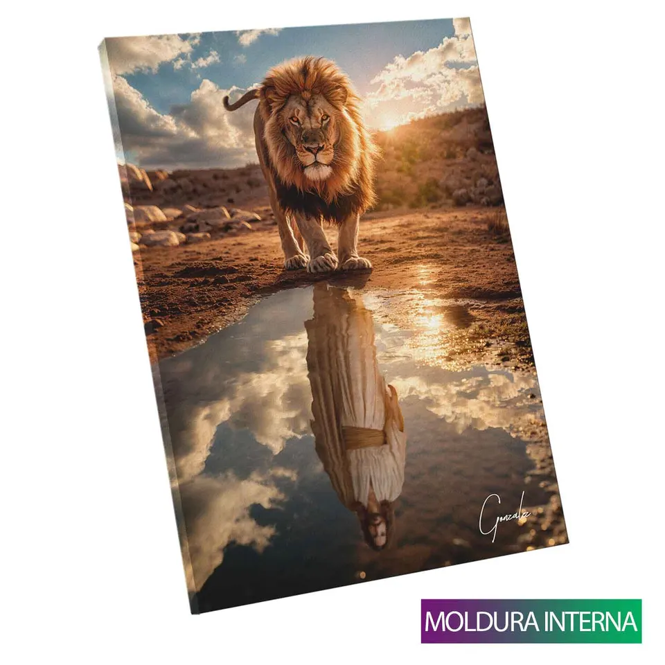 Quadro Leão de Judah e o Reflexo Divino com moldura interna