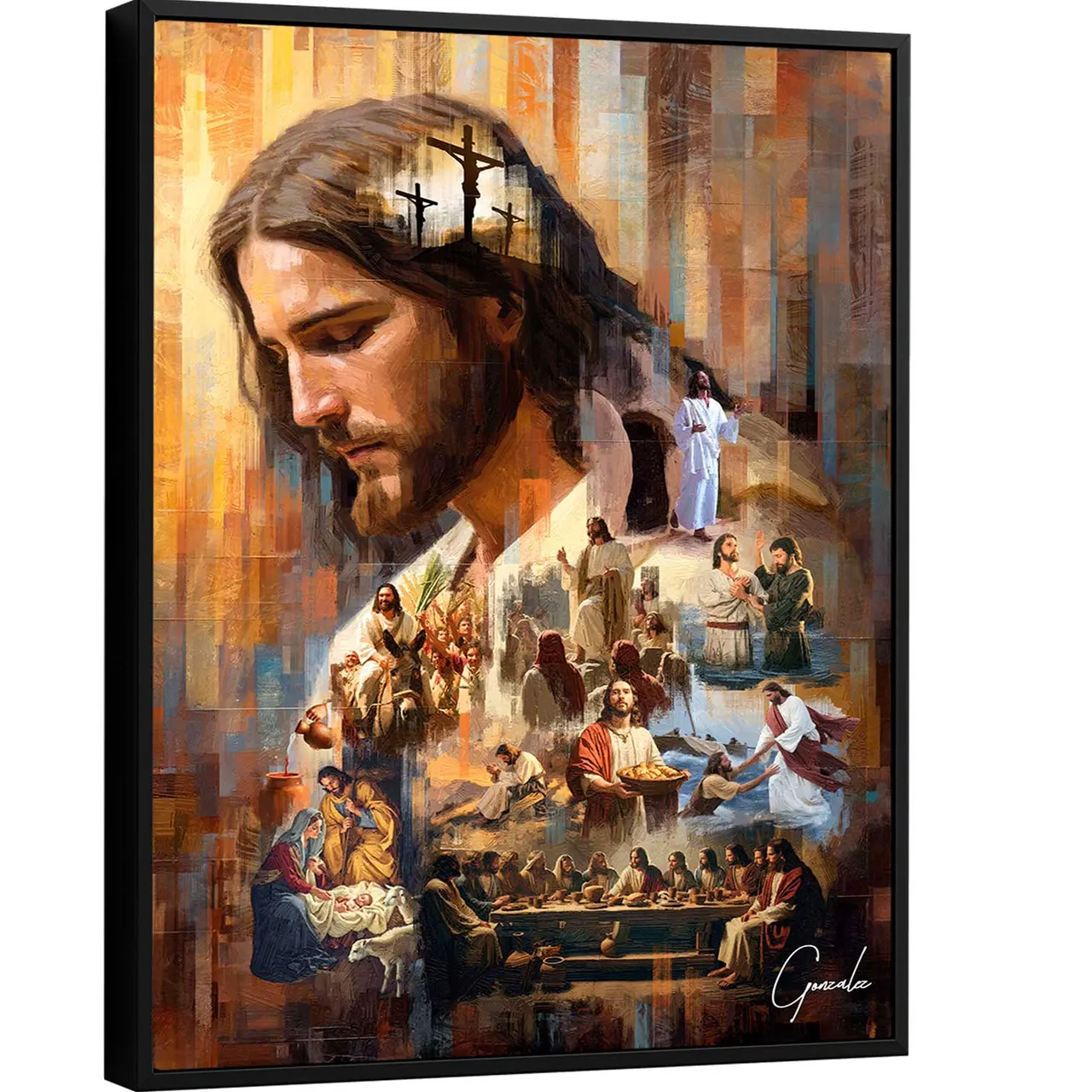 Quadro O Legado de Cristo, de Gonzalez, com o rosto de Jesus de perfil e cenas do Evangelho até a Santa Ceia, em moldura preta