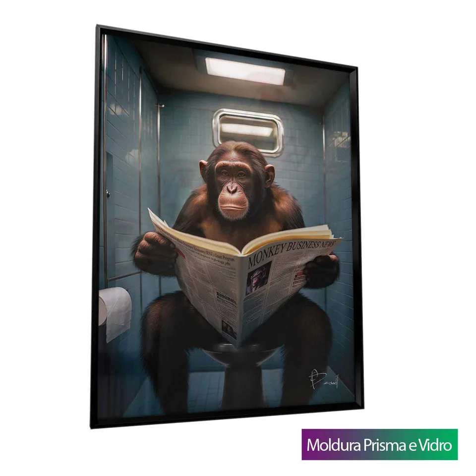 Quadro Macaco e as Manchetes com moldura Prisma e vidro
