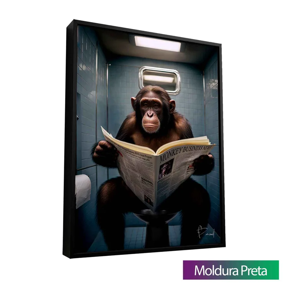 Quadro Macaco e as Manchetes com moldura de filete preta