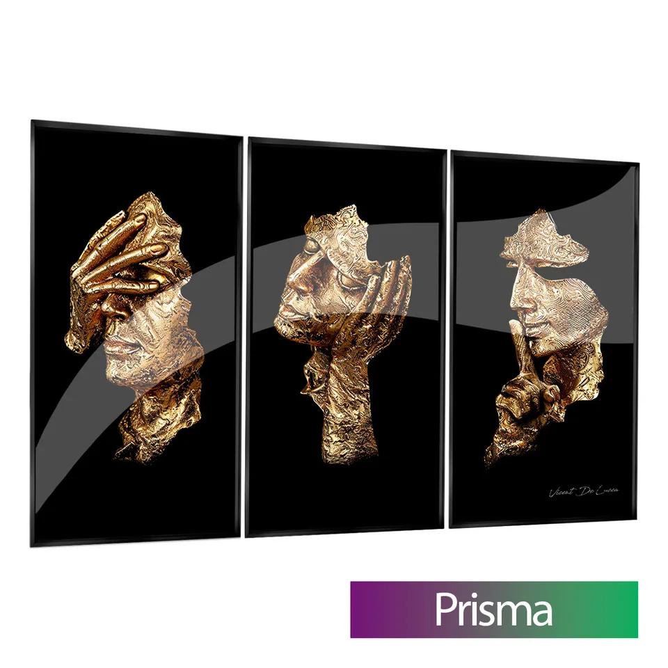 Quadro Máscaras Sábias 3 peças com moldura Prisma e vidro