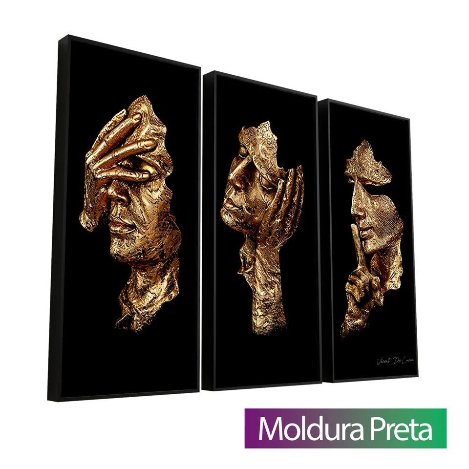 Quadro Máscaras Sábias 3 peças com moldura de filete preta