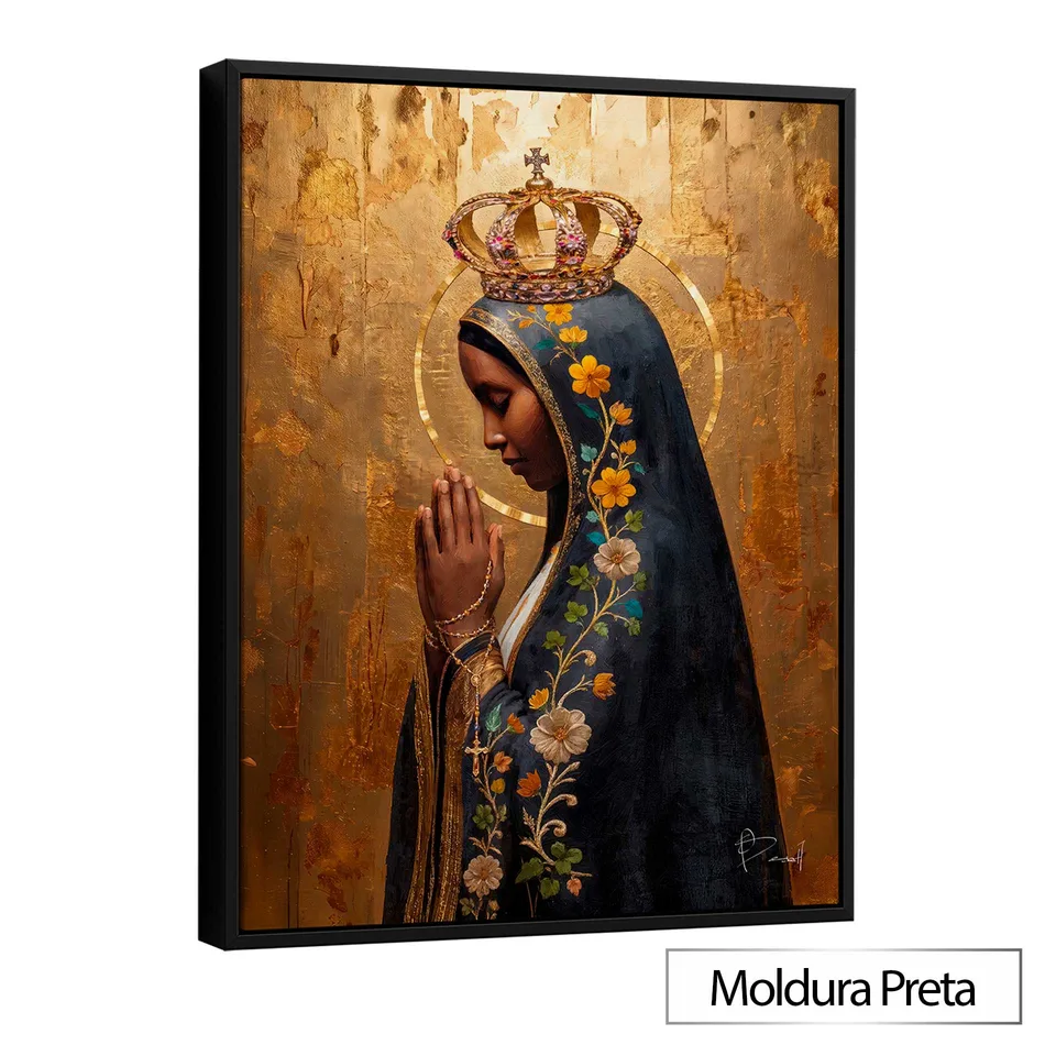 Quadro Nossa Senhora Aparecida Encanto Dourado com moldura de filete preta