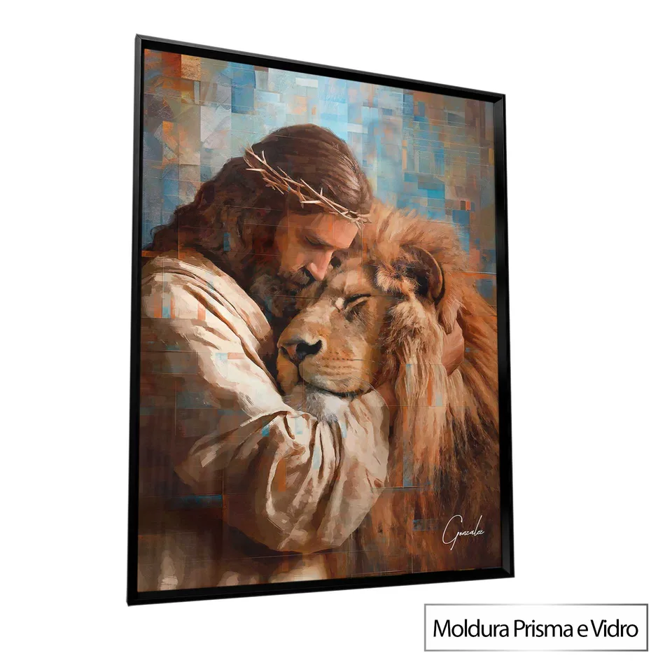 Quadro O Abraço de Jesus e o Leão Grid Art com moldura Prisma e vidro