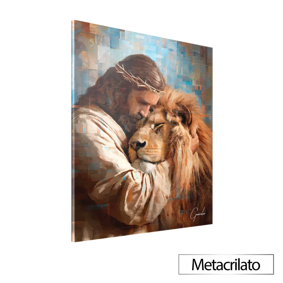 Quadro O Abraço de Jesus e o Leão Grid Art com acabamento em metacrilato