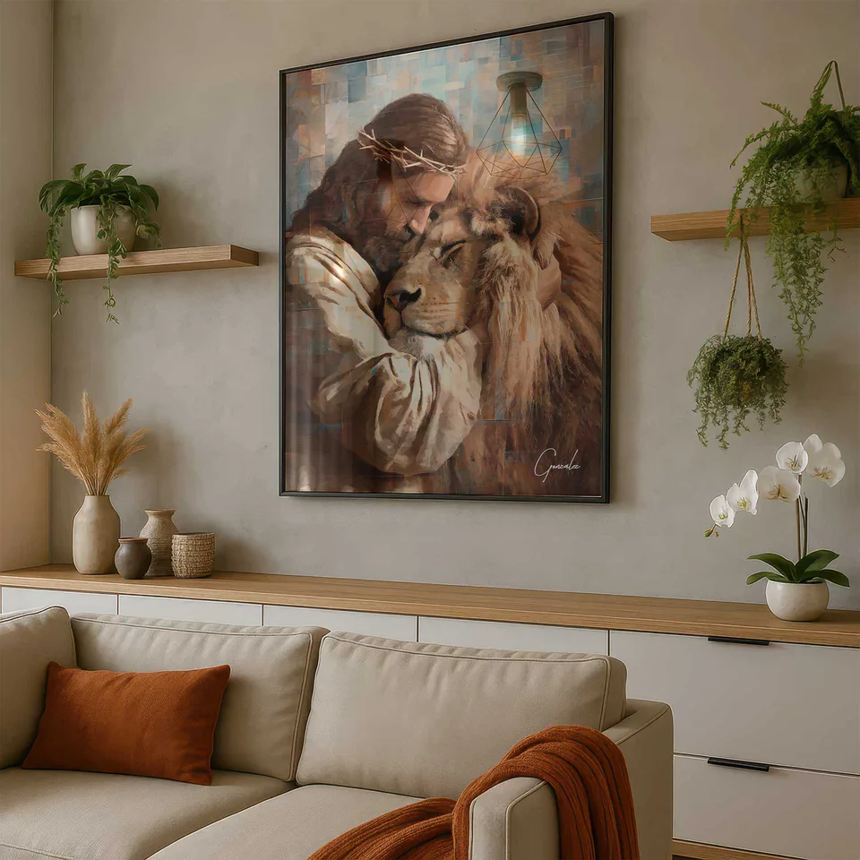 Quadro O Abraço de Jesus e o Leão Grid Art, de Gonzalez — foto 4