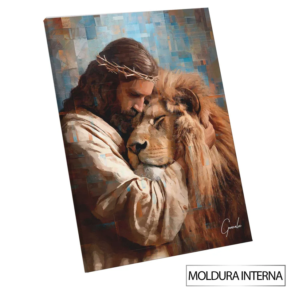 Quadro O Abraço de Jesus e o Leão Grid Art com moldura interna