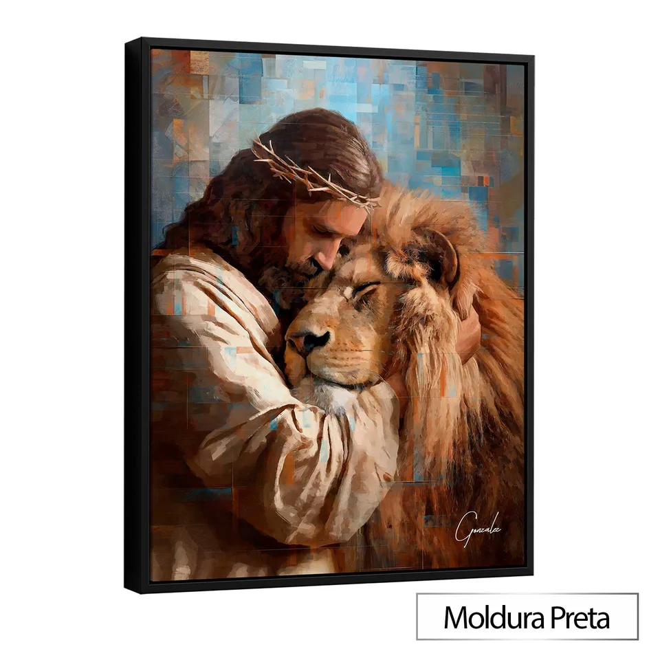 Quadro O Abraço de Jesus e o Leão Grid Art com moldura de filete preta