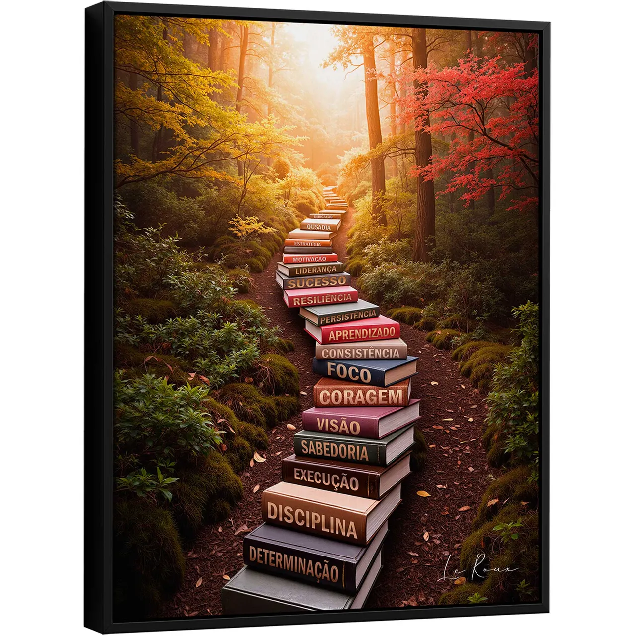 Quadro O Caminho do Sucesso, escada de livros em trilha de mata