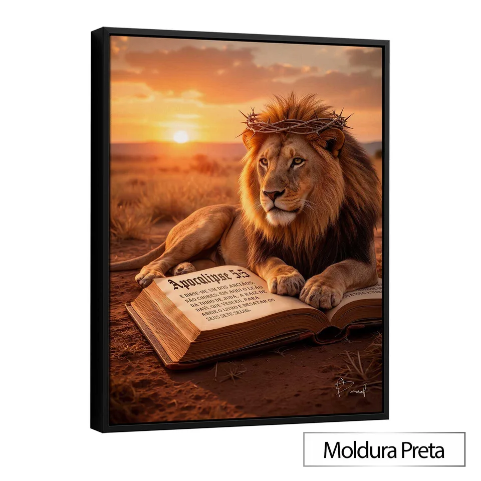 Quadro O Leão da Revelação com moldura de filete preta