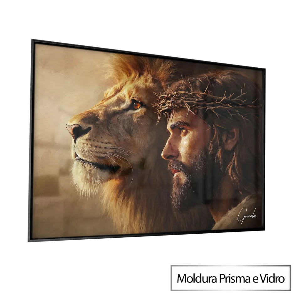 Quadro O Leão de Judá em Cristo com moldura Prisma e vidro