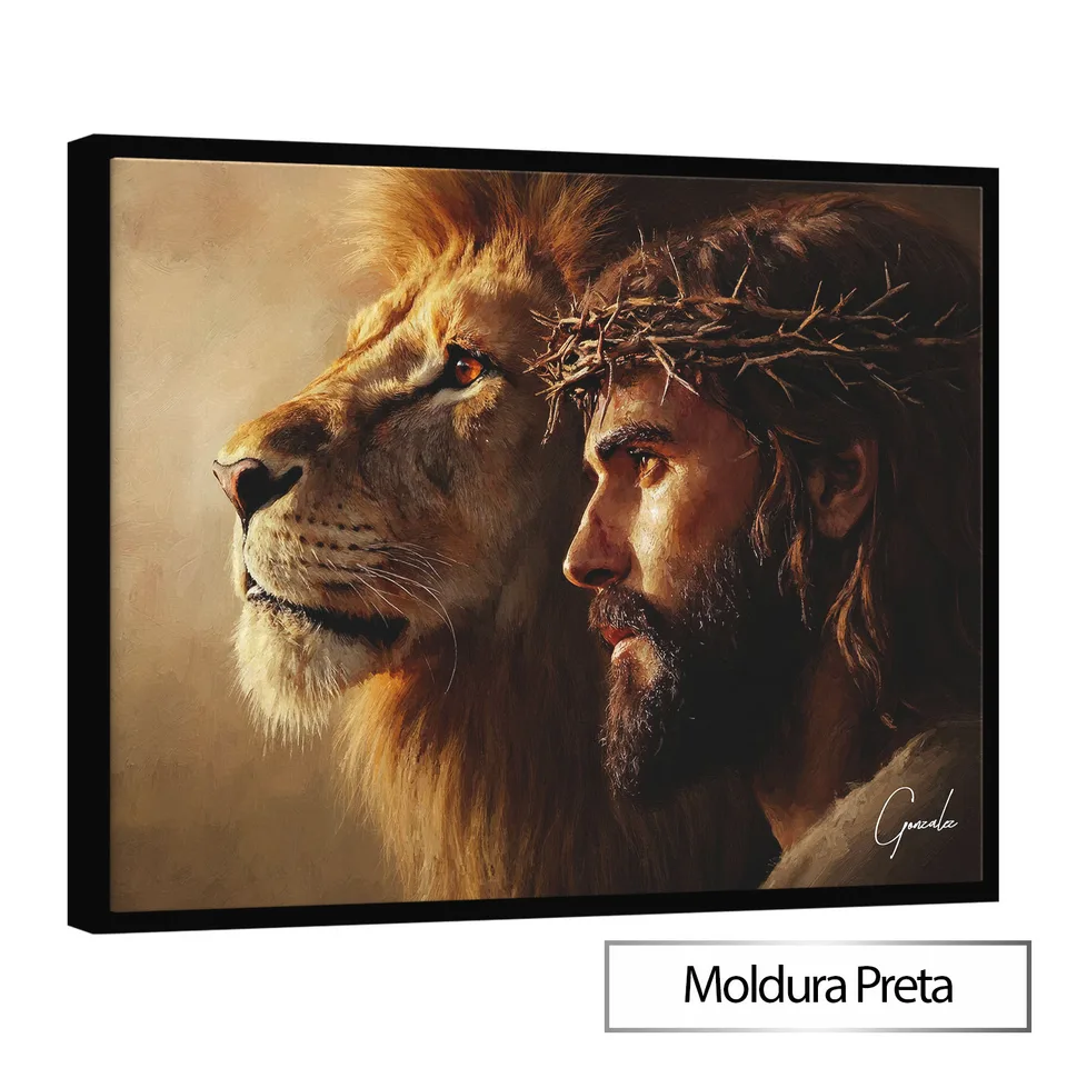 Quadro O Leão de Judá em Cristo com moldura de filete preta
