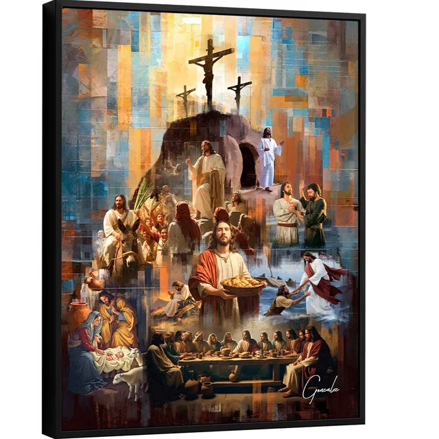 Quadro O Legado de Cristo Monte Divino, de Gonzalez, com as três cruzes no alto do monte e cenas da vida de Jesus