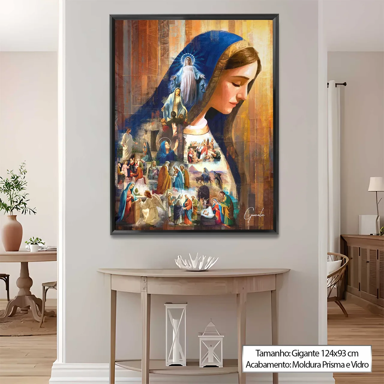 Quadro O Legado de Maria acima de aparador meia-lua no hall de entrada
