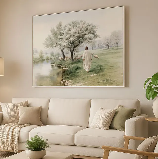 Quadro O Pastor da Paz, Coleção Minimalista, de Vicent de Lucca, em sala com sofá claro