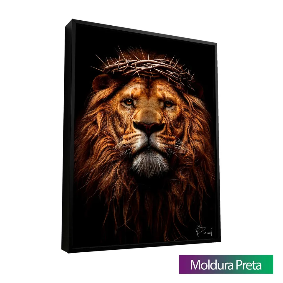 Quadro O Renascido Leão de Judá com moldura de filete preta