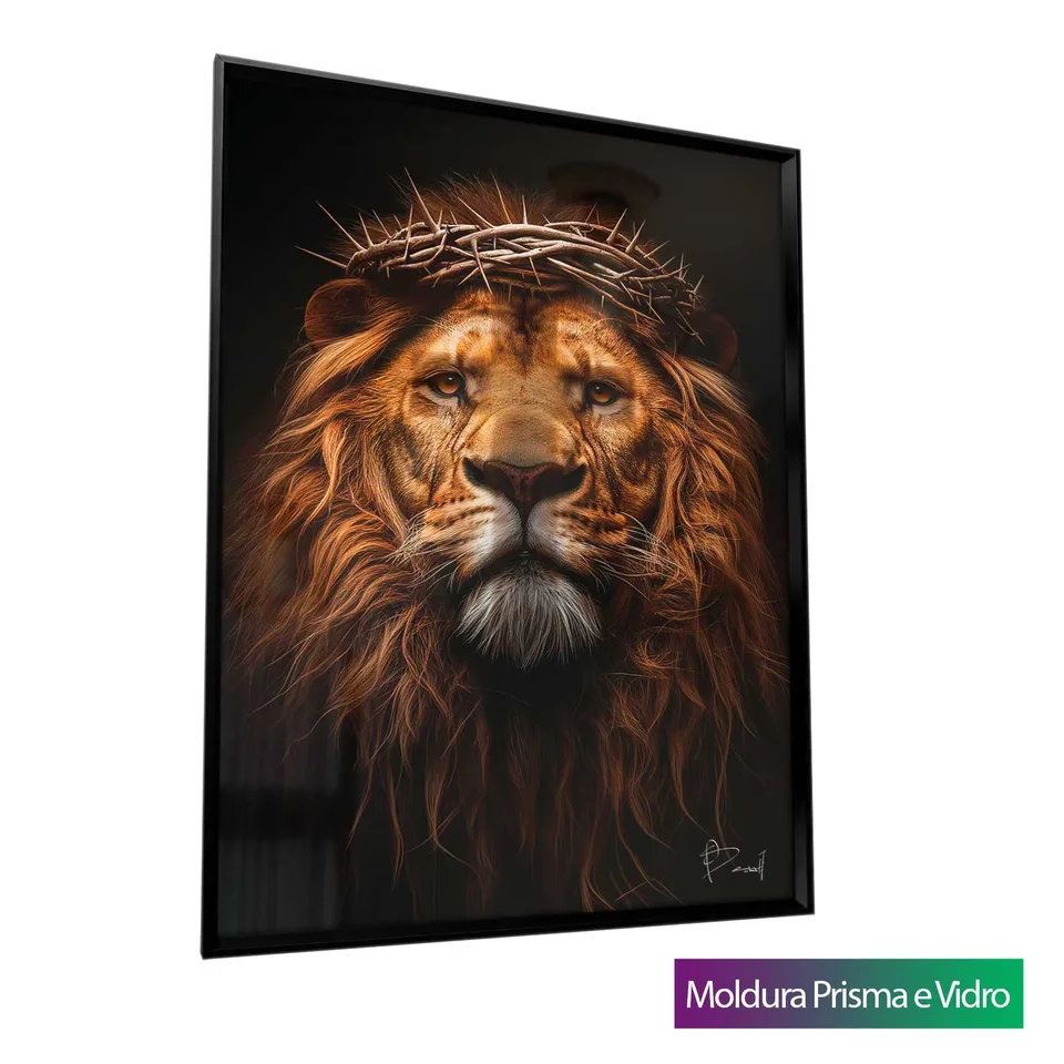 Quadro O Renascido Leão de Judá com moldura Prisma e vidro
