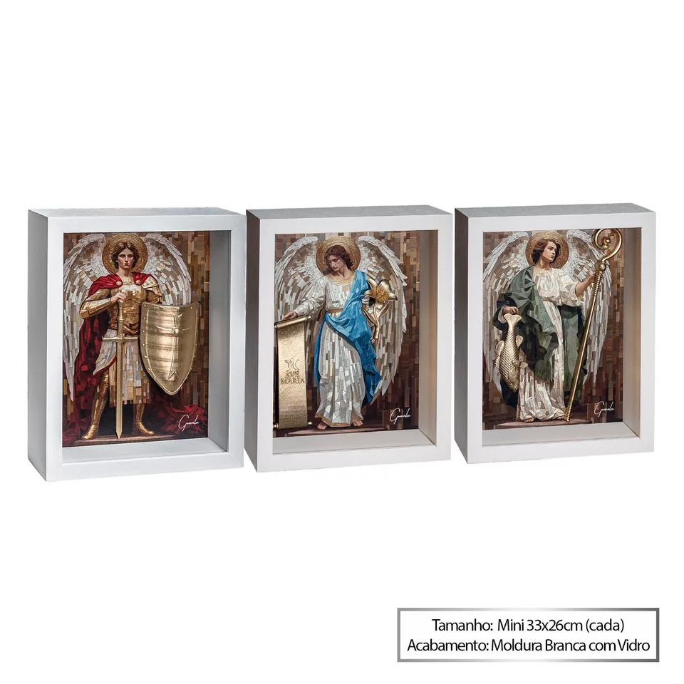 Quadro Os Arcanjos Celestiais com moldura branca e vidro