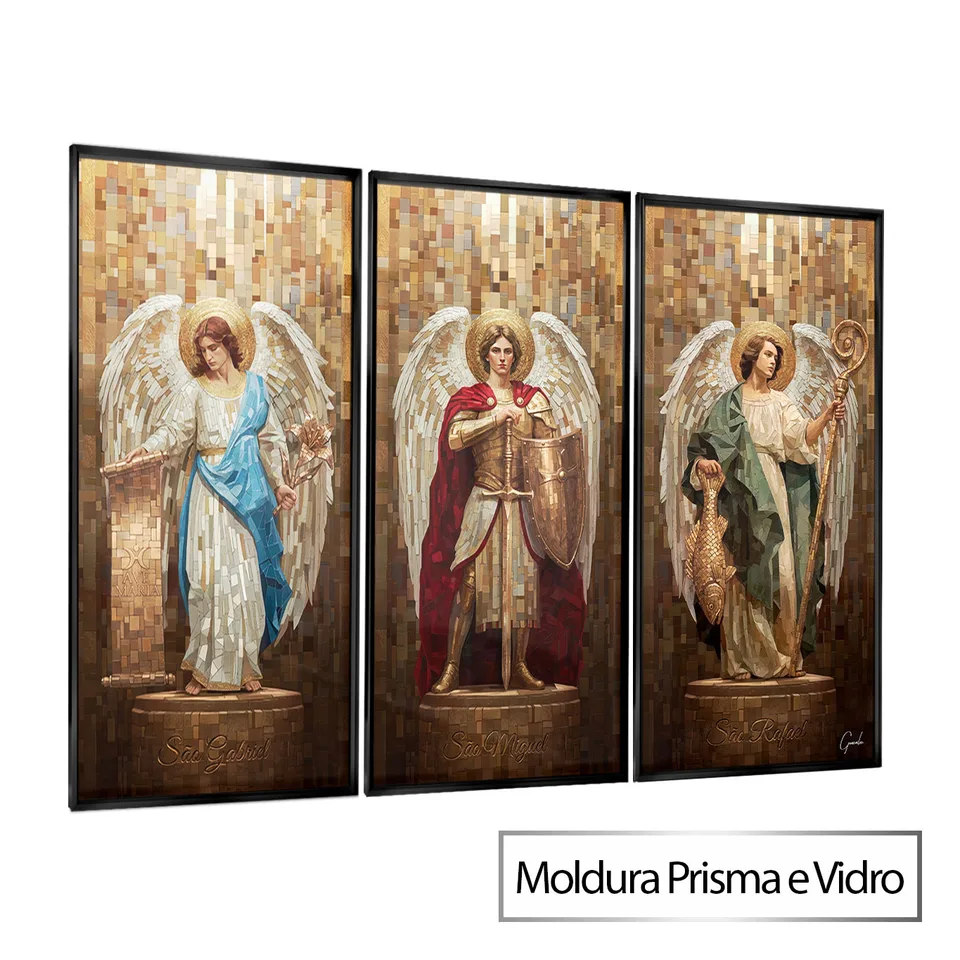 Quadro Os Arcanjos Tesselart - 3 Peças com moldura Prisma e vidro