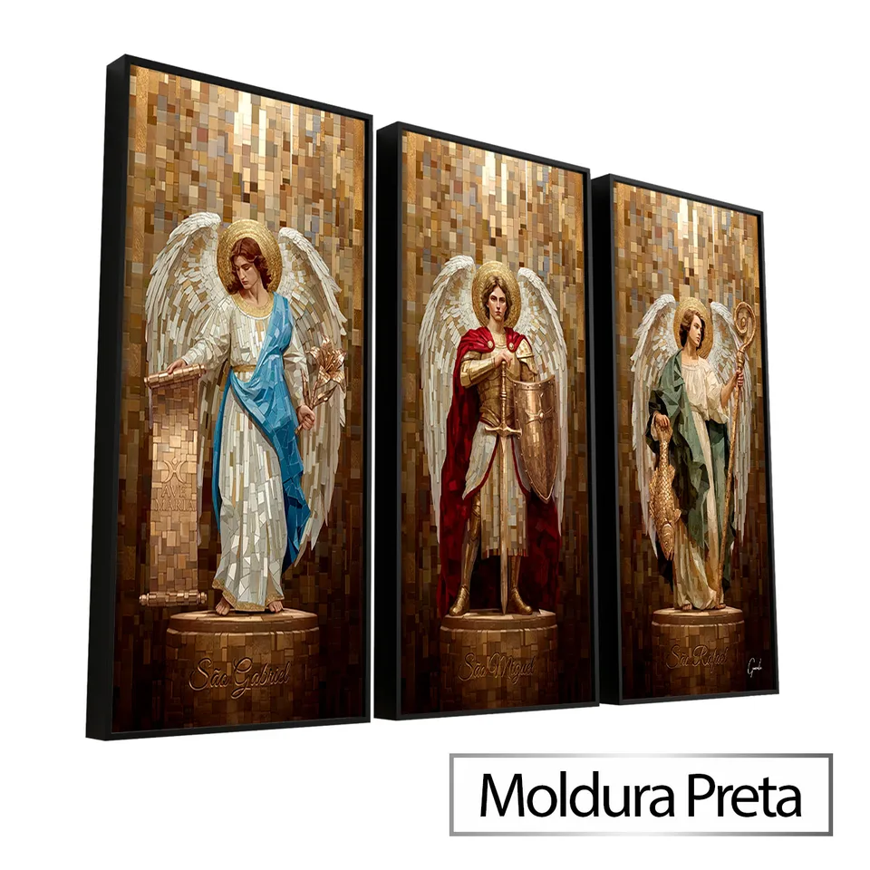 Quadro Os Arcanjos Tesselart - 3 Peças com moldura de filete preta