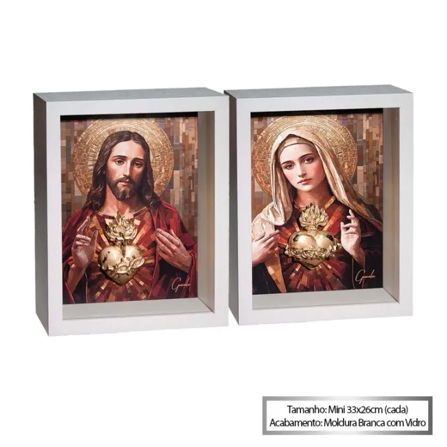 Quadro Os Sagrados Corações de Jesus e Maria 2 peças com moldura branca e vidro