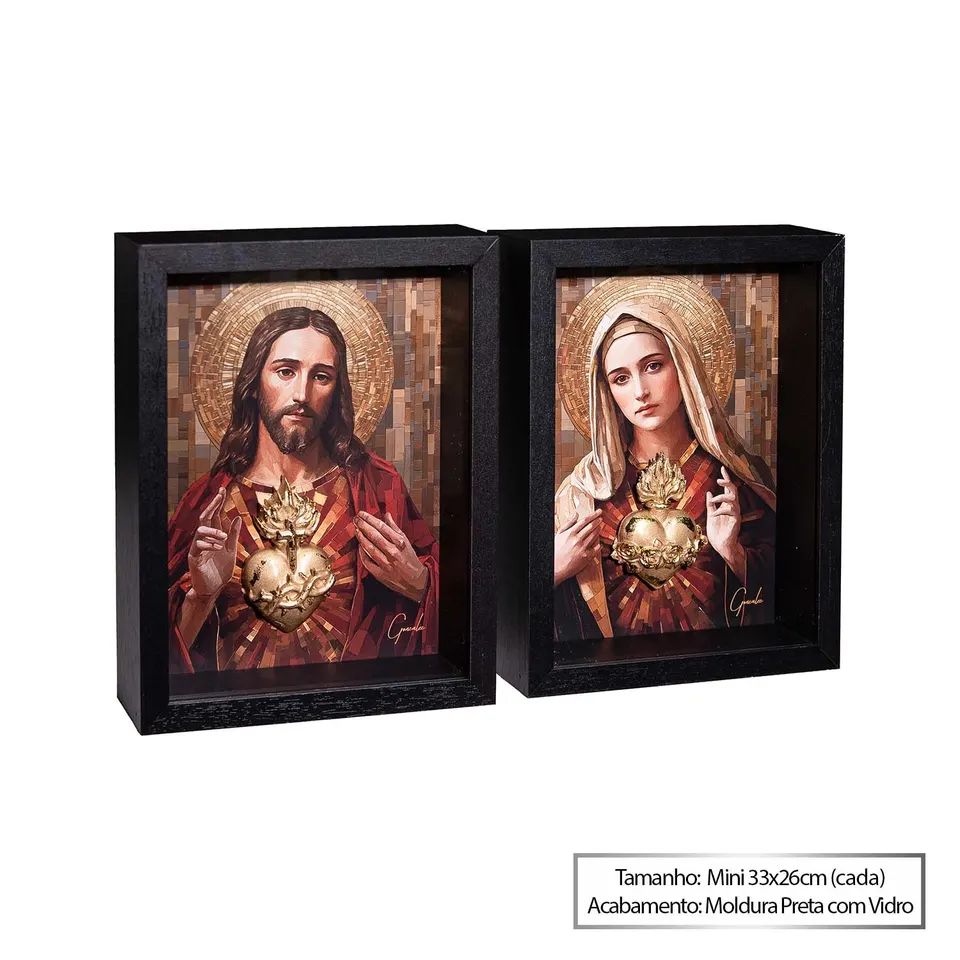 Quadro Os Sagrados Corações de Jesus e Maria 2 peças com moldura preta e vidro