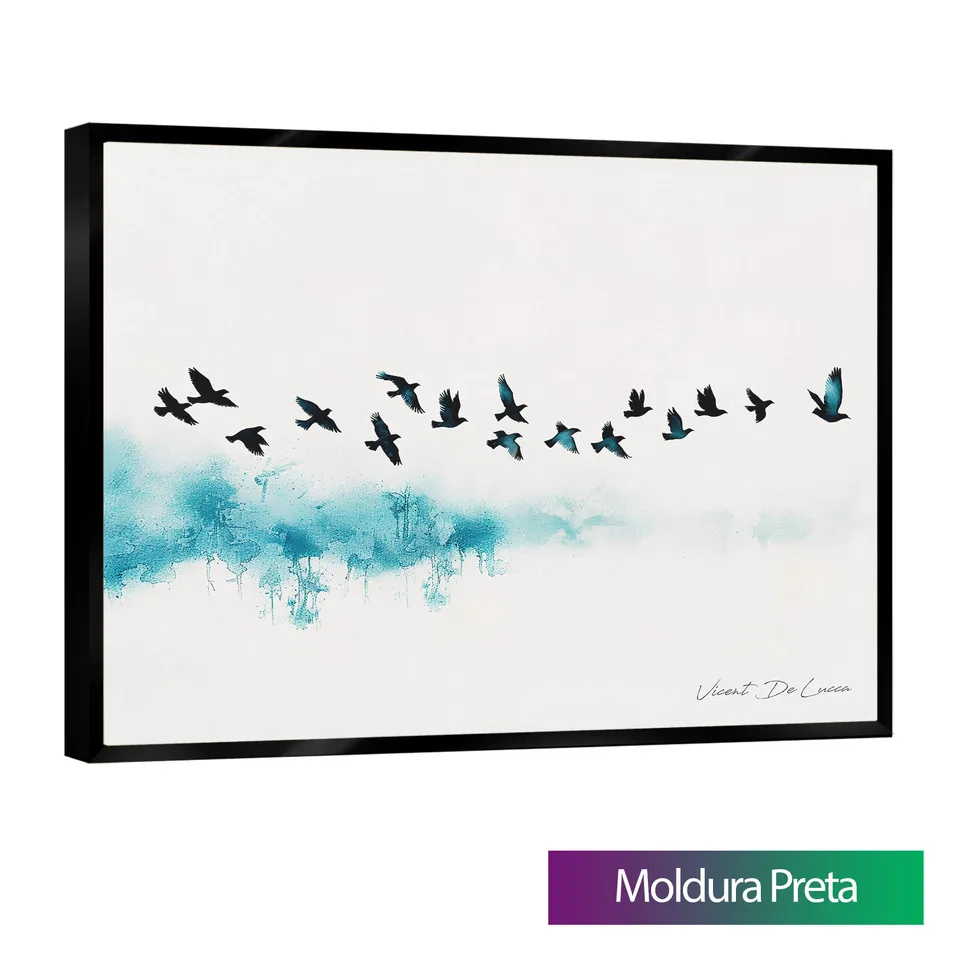 Quadro Pássaros Viajantes com moldura de filete preta