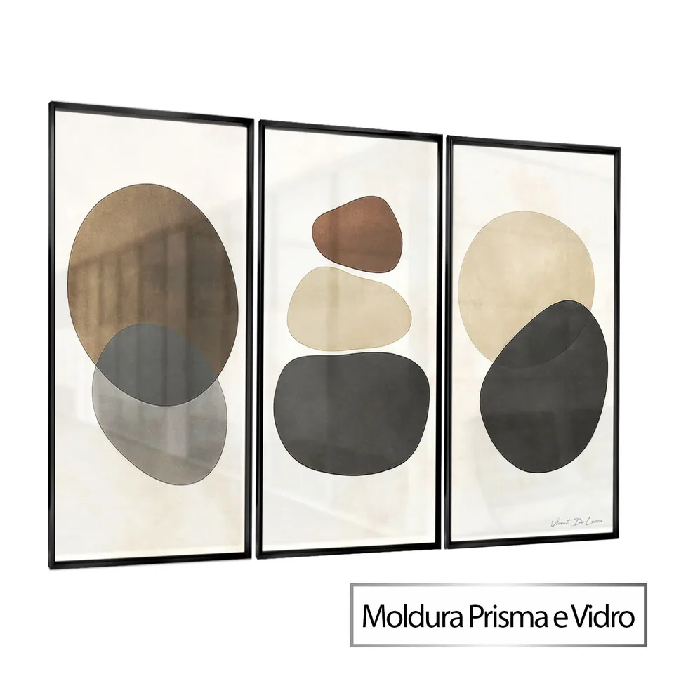 Quadro Pedras do Equilíbrio 3 Peças com moldura Prisma e vidro