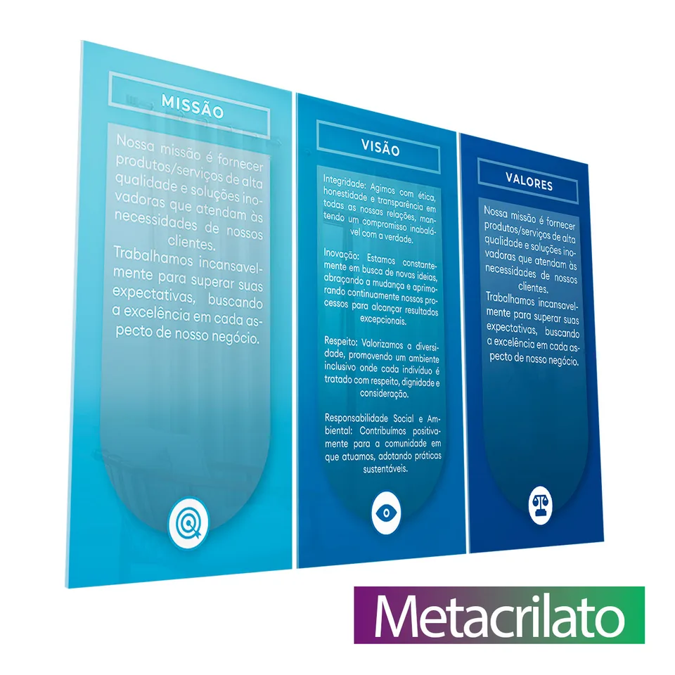 Quadro Personalize com Missão Visão e Valores da sua Empresa com acabamento em metacrilato