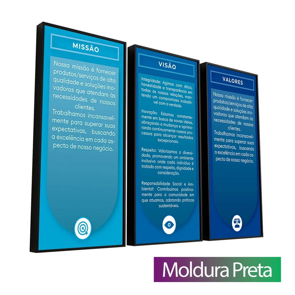Quadro Personalize com Missão Visão e Valores da sua Empresa com moldura de filete preta