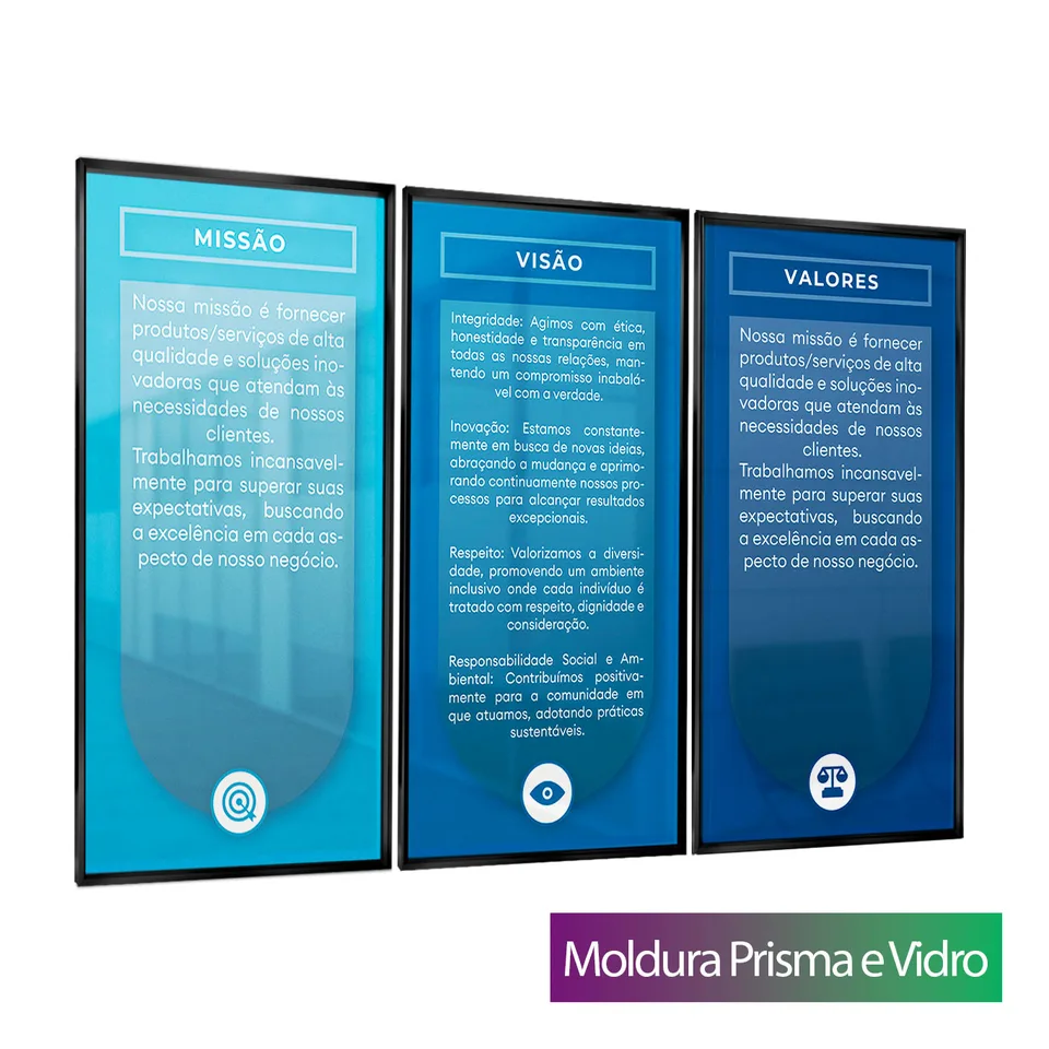 Quadro Personalize com Missão Visão e Valores da sua Empresa com moldura Prisma e vidro