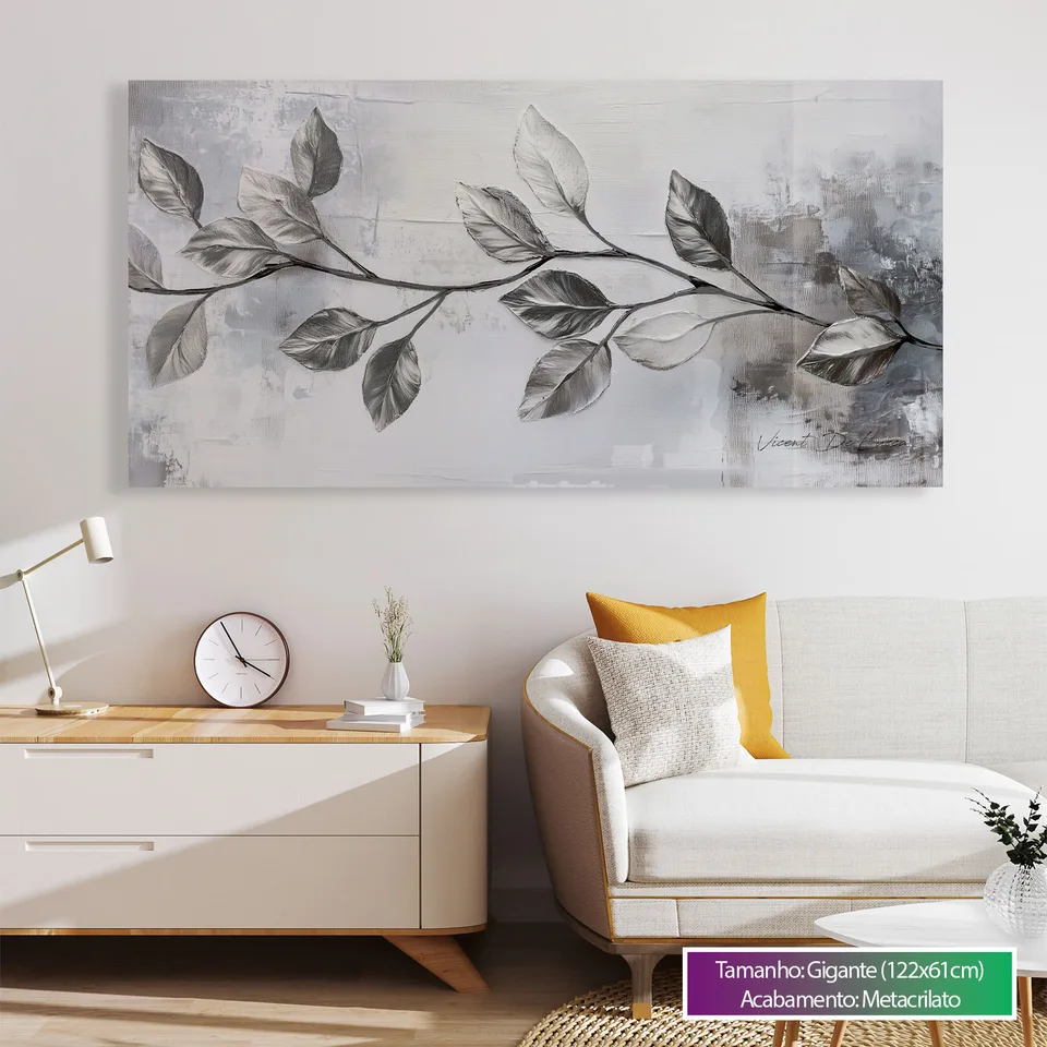Quadro Ramo Prateado, pintura branca com prateado, fundo claro e ramo prateado, moldura metacrilato, sala de estar claro,