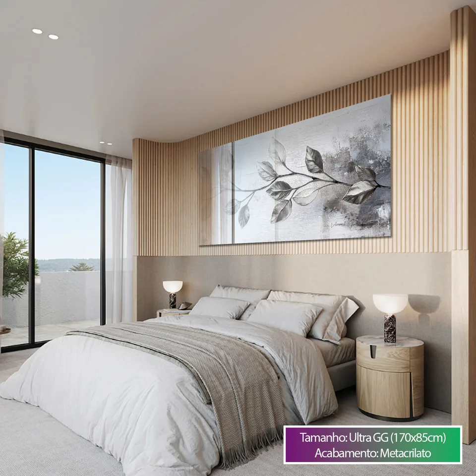 Quadro Ramo Prateado, pintura branca com prateado, fundo claro e ramo prateado, moldura metacrilato, quarto de casal bege com branco, cama de casal